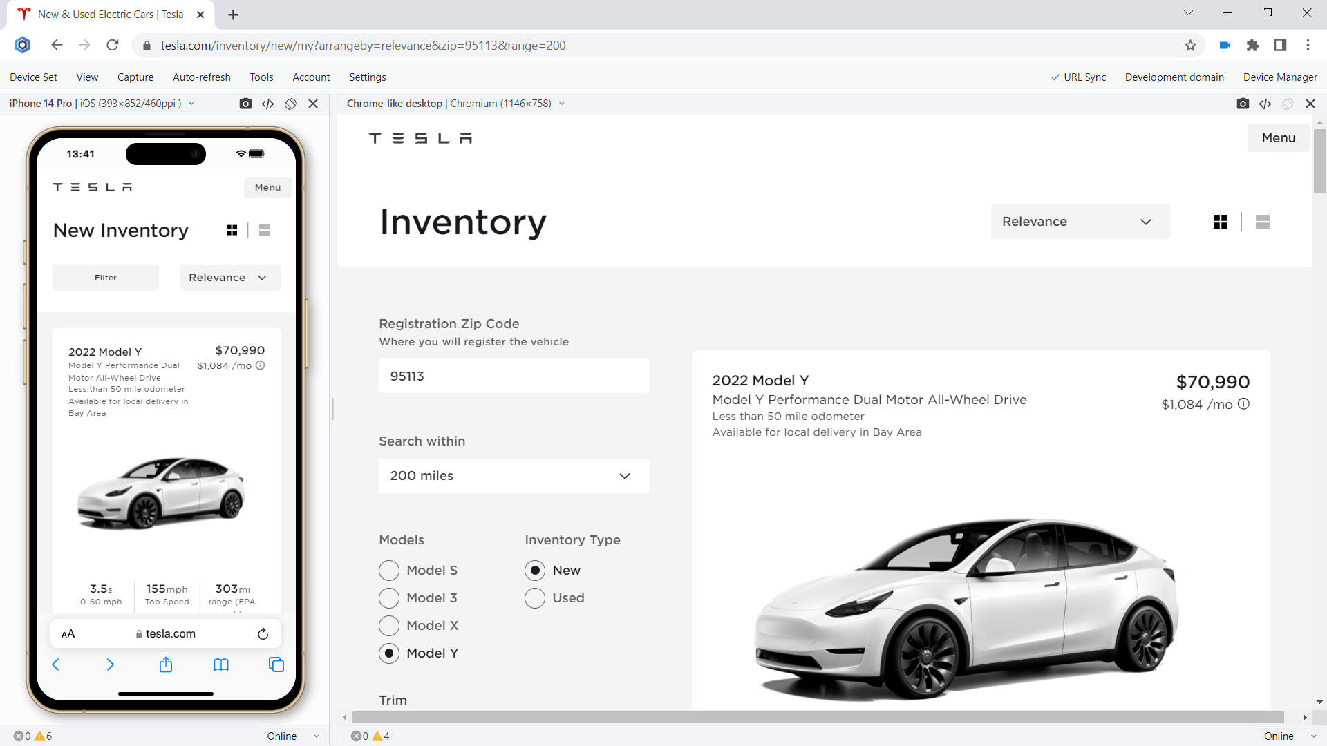 Responsive test on iPhone 14 and Chrome-like desktop