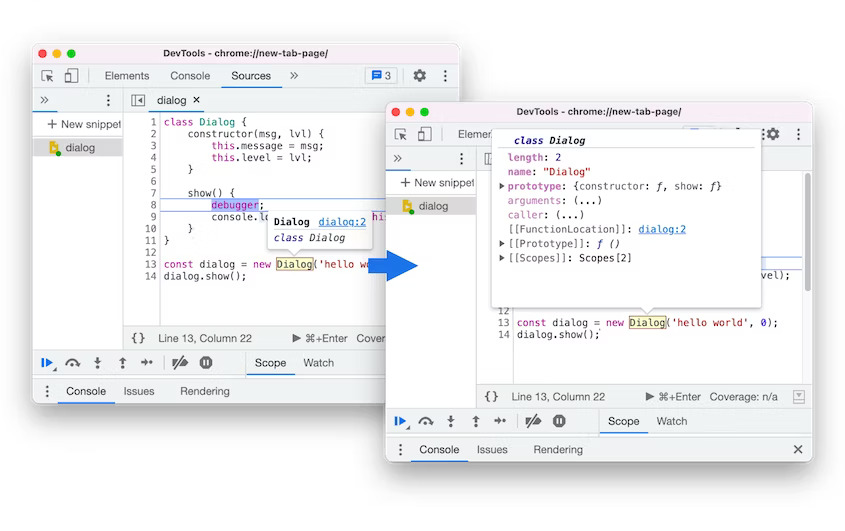 Class/function properties on hover in Blisk 20.0.176.140
