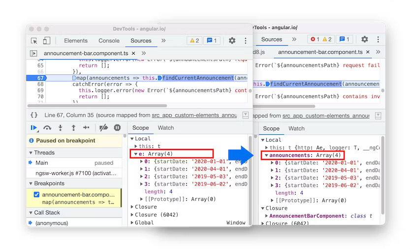 The debugger now resolves block scoped variables in the Scope view with source maps in Blisk 20.0.176.140