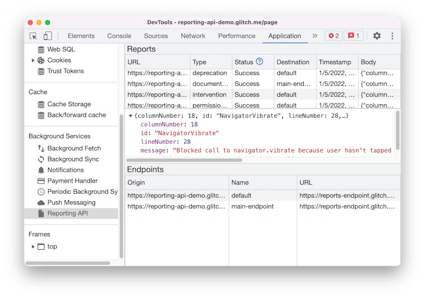 Reporting API pane in Blisk 20.0.176.140