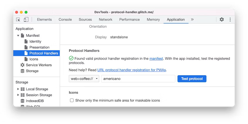 Protocol handlers in the Manifest pane in Blisk 20.0.176.140
