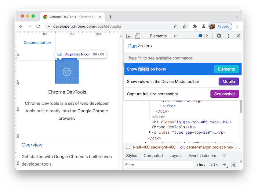 Show rulers on hover command in Blisk 20.0.176.140