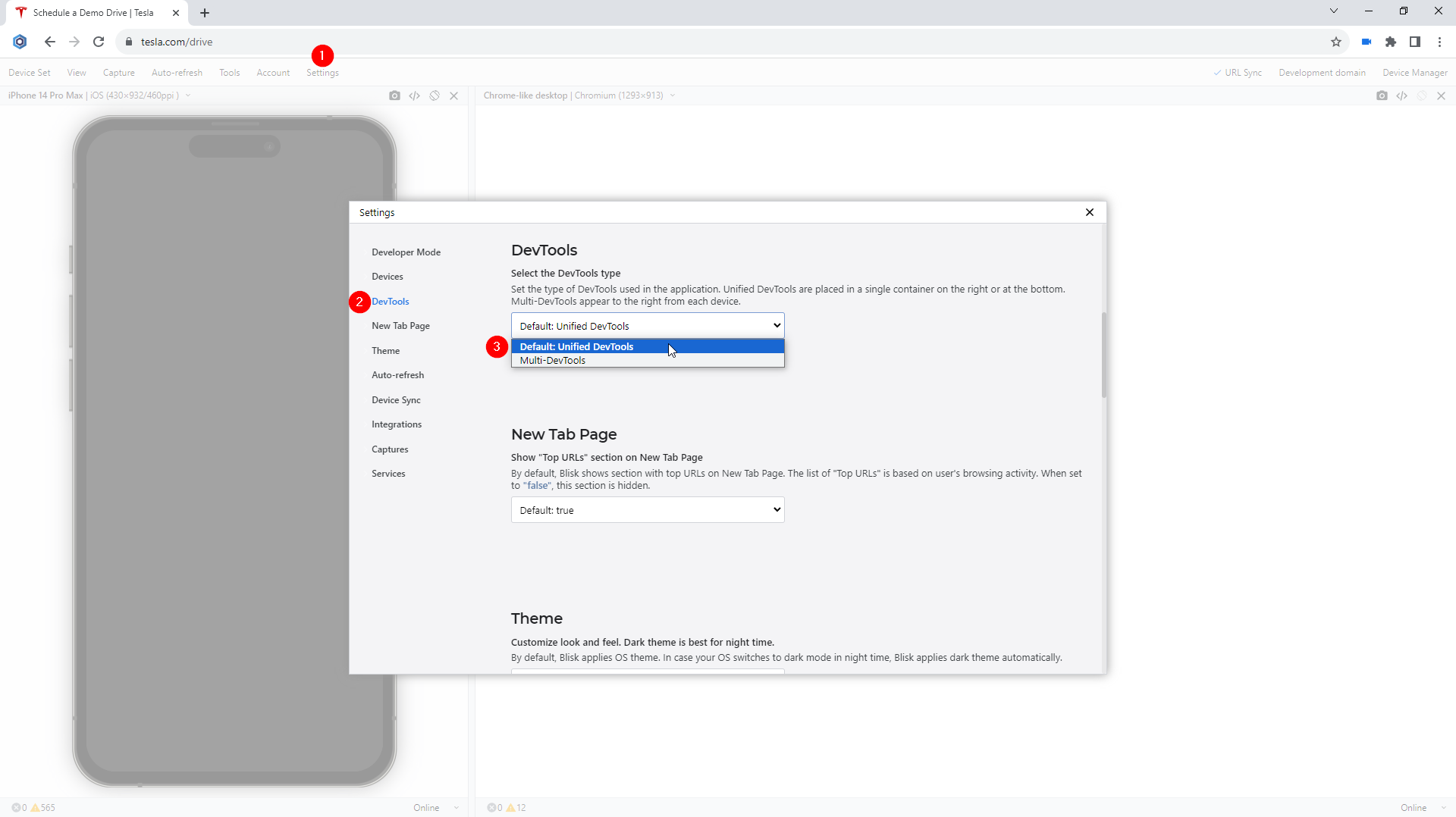 Change DevTools mode in Settings