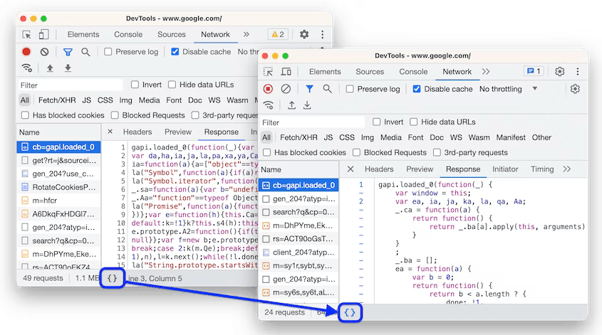 Network > Response pretty-printing