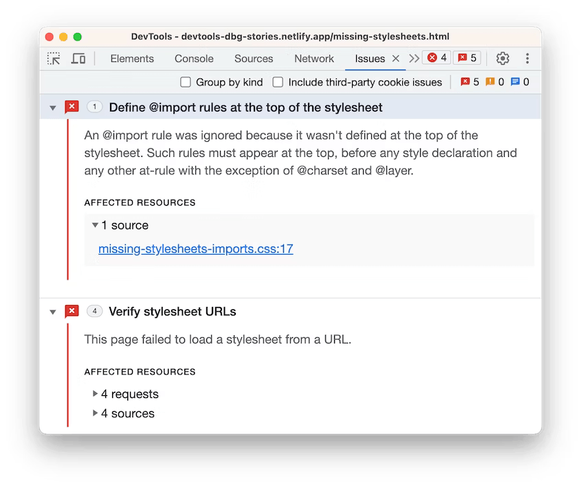 The Issues panel with links to sources and requests