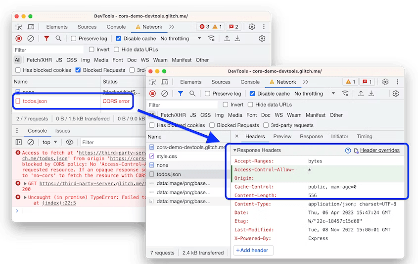 CORS error fixed by a header override