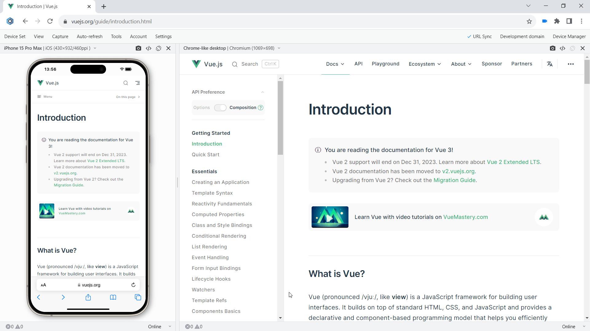 Responsive test on iPhone 15 and Chrome-like desktop