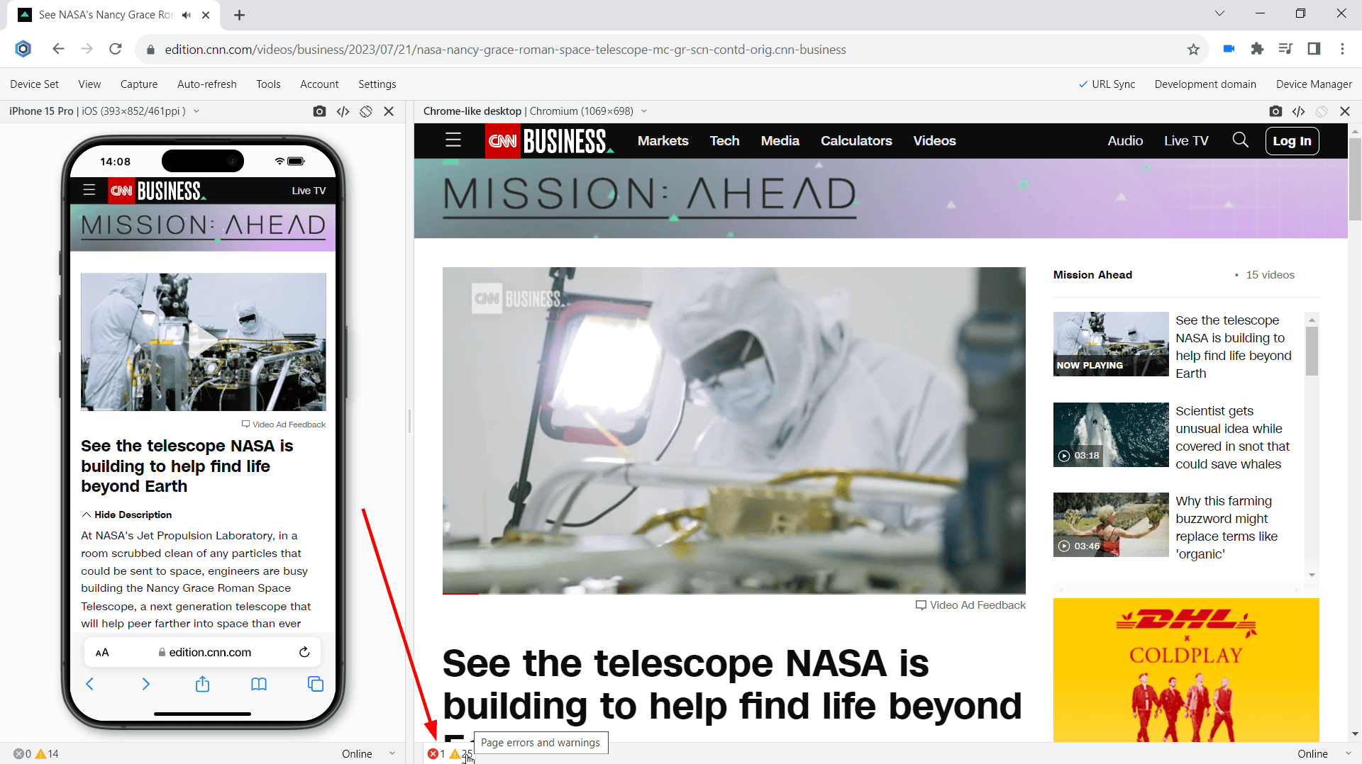 Test for webpage errors on iPhones 15 series