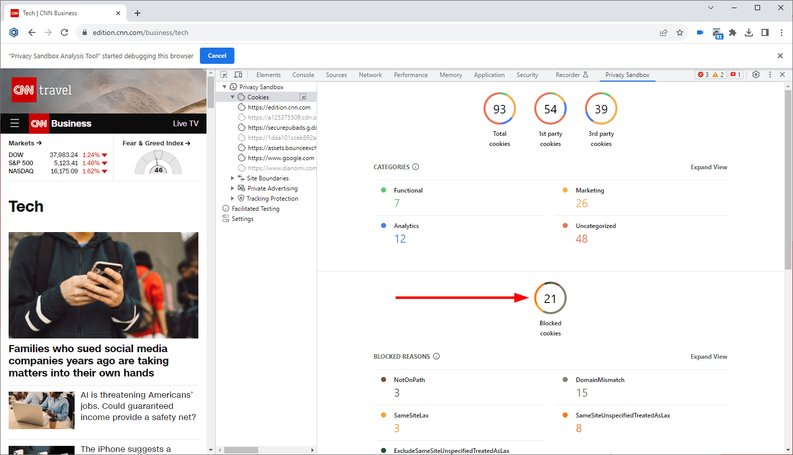 Example of blocked cookies on cnn.com
