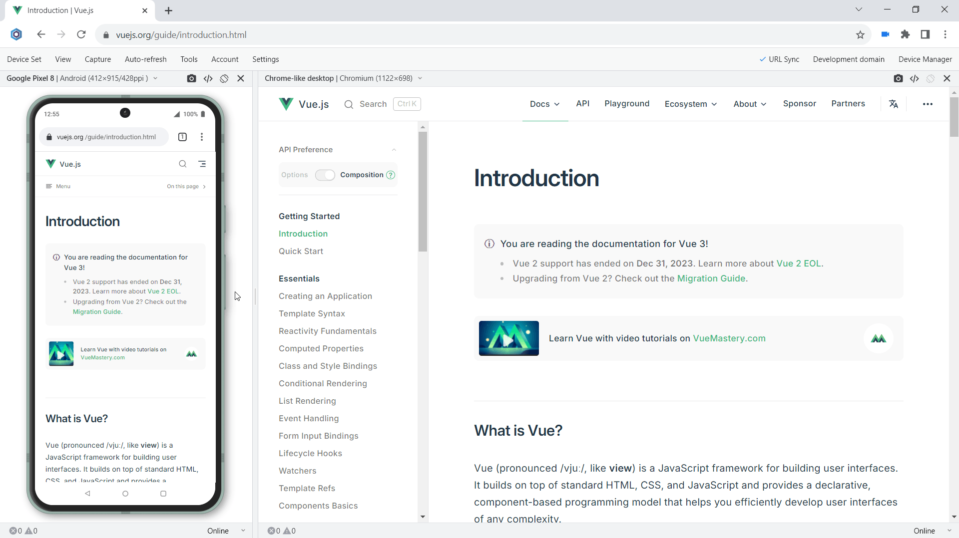 Responsive test on Google Pixel 8 and Chrome-like desktop