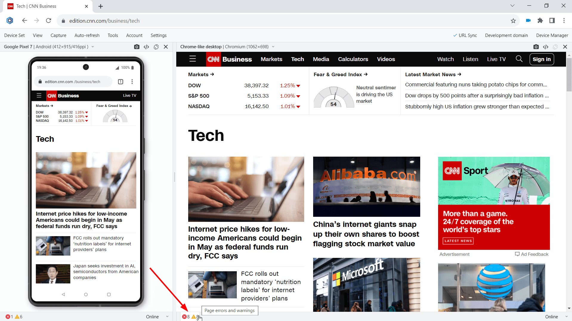 Test for webpage errors on Google Pixels 7-8 series